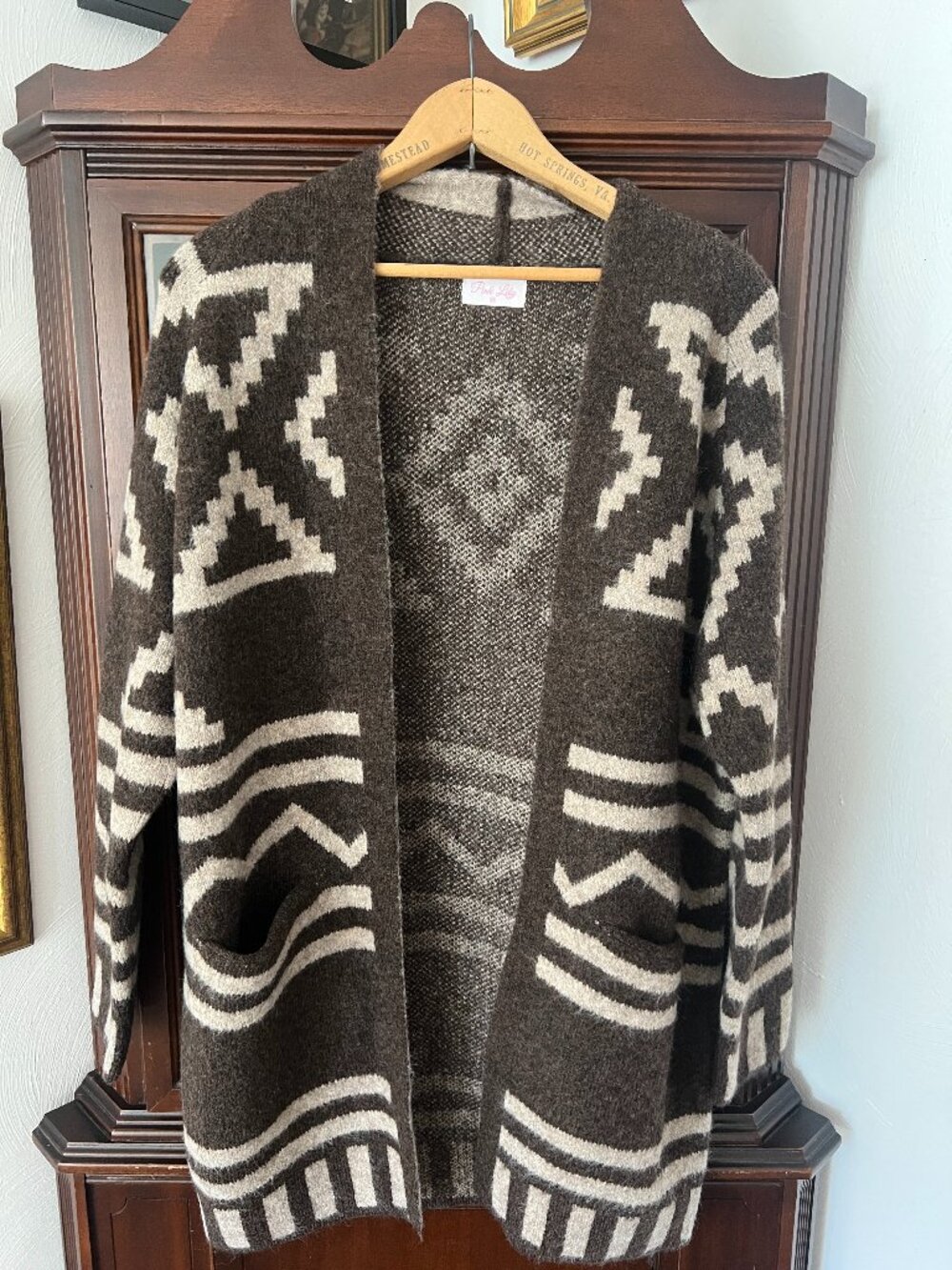 Pink Lily Boutique Brown Aztec Print Open Cardigan Medium Chunky Fall Sweater